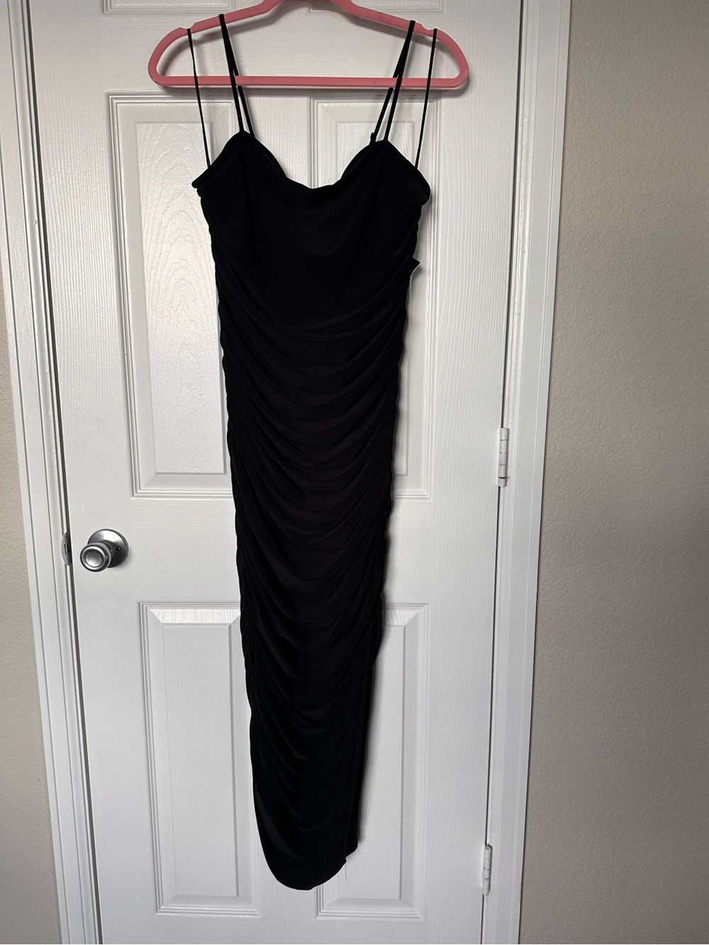 Express Black Ruched Maxi Slip Dress with Spaghetti Straps